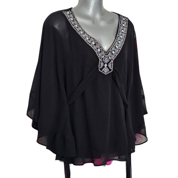 White House Black Market Size XS Dressy Capelet Chiffon Blouse  Embroidered - Picture 1 of 7